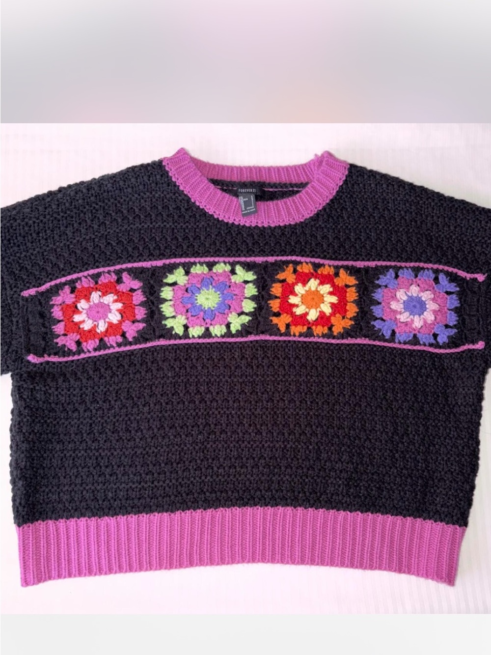 Forever 21 Black Crocheted Sweater with Pink Trim and Multicolor Floral Panels